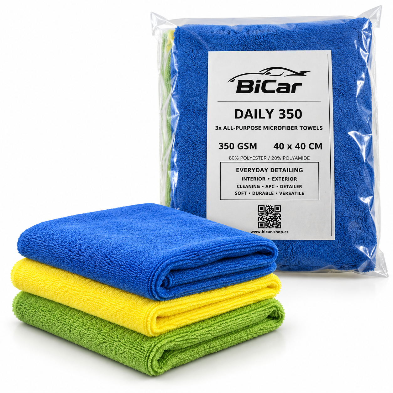 BiCar DAILY 350 – mikrovláknové utěrky 40×40 cm, 350 GSM, set 3 ks